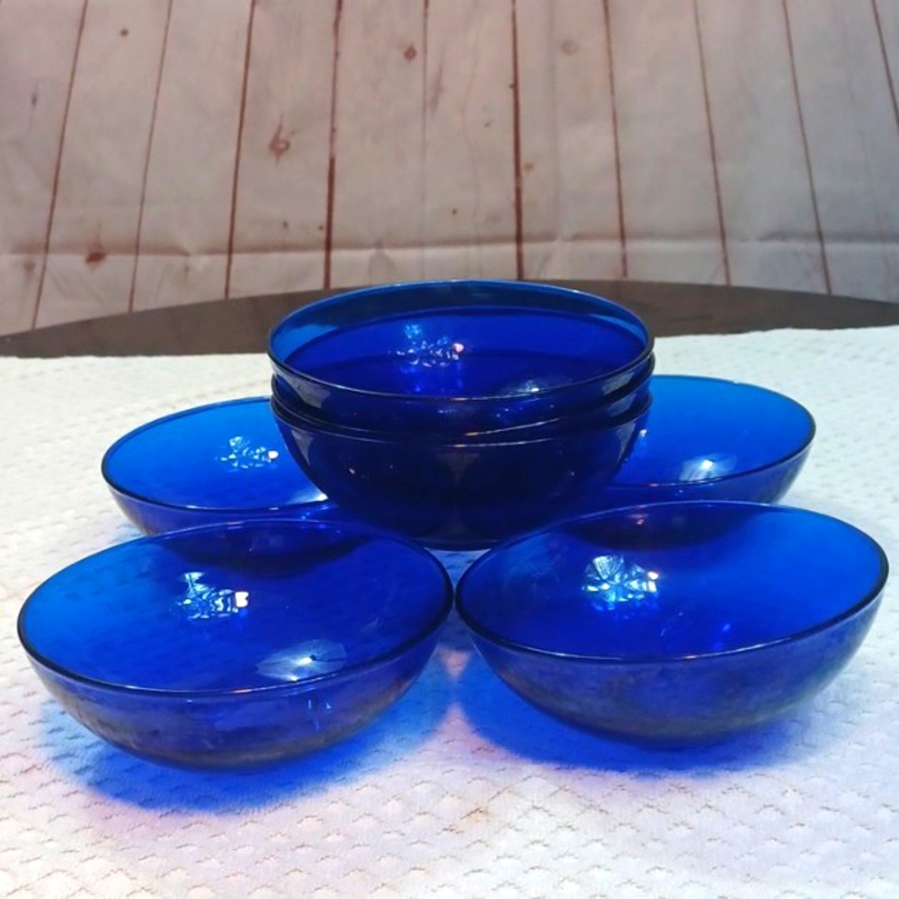 Vintage  French   Glass  Cobalt  Blue  Dessert /Salad  Bowl  Set 7  5,5 X 3